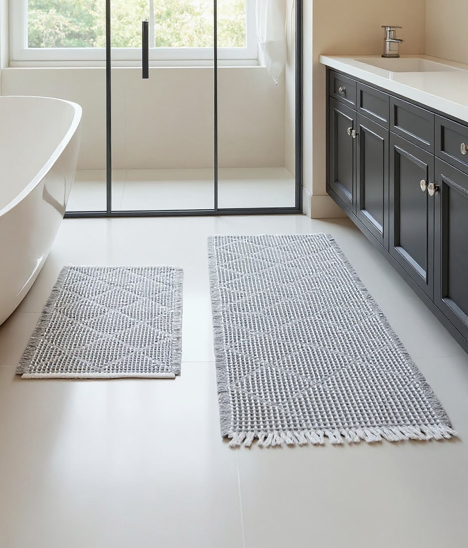 Oversized waffle bath mat in bathroom